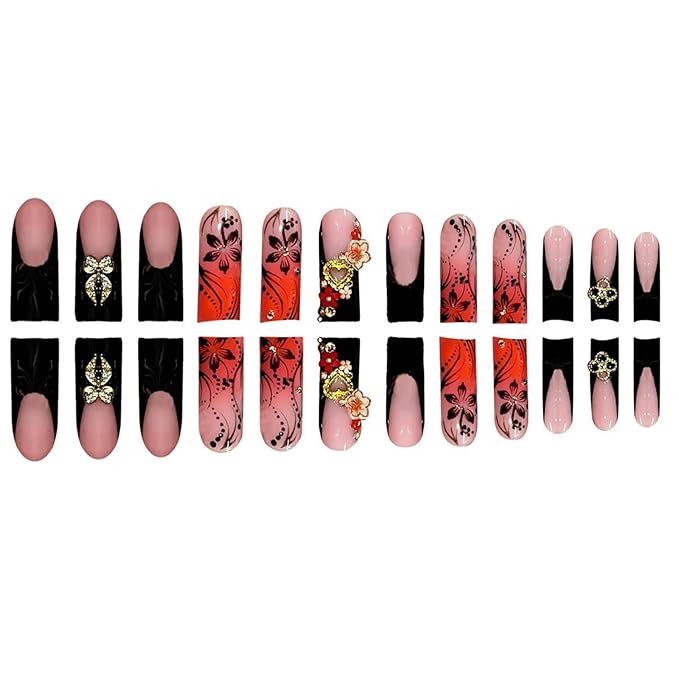 24Pcs Red French Tip Fake Nails Long Square Press on Nails pink Full Cover Glue on Nails with 3D Flower and Rhinestones Designs False Nails Gold Metallic Heart Acrylic Nail for Women