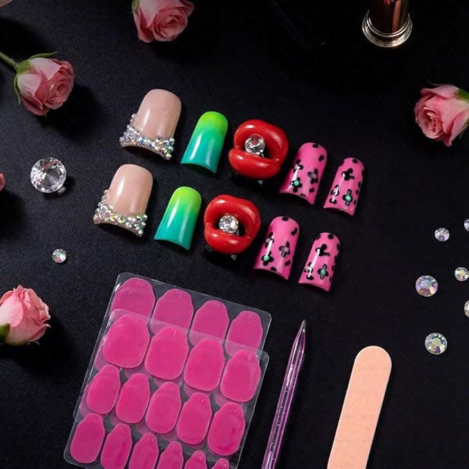 10 Pieces Luxury Acrylic Press On Nails Short Handmade Duck Nails, Pink Thickened False French Nails, Leopard Print And 3D Red Lips, Reusable Fake Nails, Acrylic Nails (S)