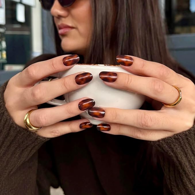 Press On Nails - Tortoise | Amber Tortoise Shell Short Oval, Salon Quality | 32 Nails, 16 Sizes Kit with Glue and Adhesive Tabs I Female Founded - Beauty, Self Care