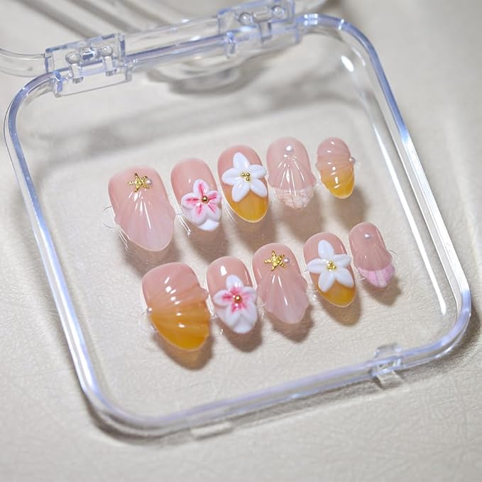 10Pcs Short Almond Handmade Press On Nails | Nude Pink & Yellow Ombre with 3D Seashell, Flower & Starfish Decor | Reusable Salon-Quality Fake Nails for Women and Girls (25902, S)