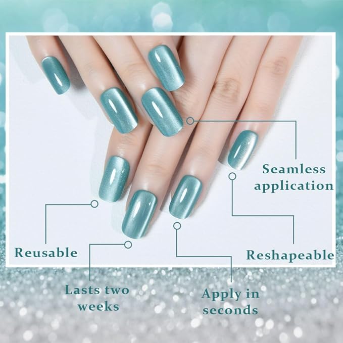 Cat Eye Light Cyan Press On Nails Medium Long Length Square, Designer Reusable Acrylic Fake Nail with Glue, Glossy Gel Nails Wedding Party, Stick On Glue On Nail, Nails Press Ons for Women