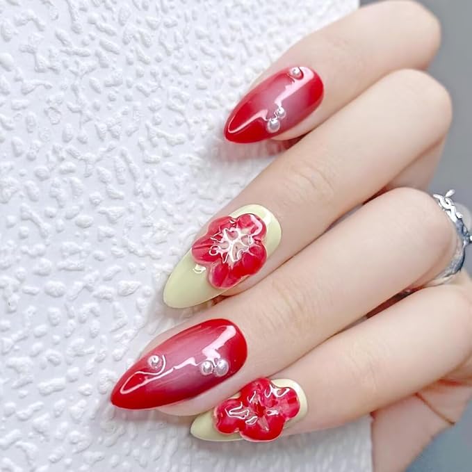 Handmade 3D French Art Press On Nails for Women - Reusable Almond False Nails, 10PCS ABS Artificial Fingernails with Nail Tip Design for Salon & Home Use (Size L)