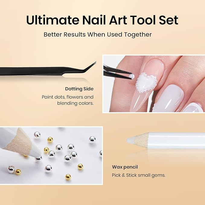 Beetles 3D Nail Charms Gold Silver Nail Beads and White Pearl with 15g Rhinestone Glue Tweezers Pick-up Pencil for Nails Art Metallic Round Caviar Beads White Flatback Pearls Manicure Accessories
