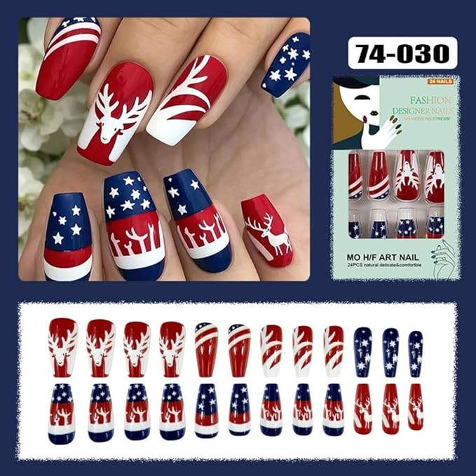 Independence Day Press on Nails Medium Coffin Fake Nails with Elk Design Red Blue Striped False Nails Star Christmas Glue on Nail Glossy Summer 4th of July Stick on Nail for Women Manicure 24Pcs