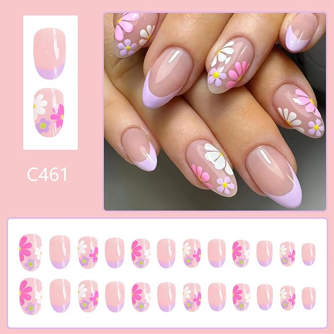 24Pcs Pink Press on Nails Short Almond Fake Nails Nude Pink with Nail Tips Manicure Design Summer Flower False Nails Stick on Nails Full Cover Artificial Glue on Nails for Women Acrylic Manicure Salon