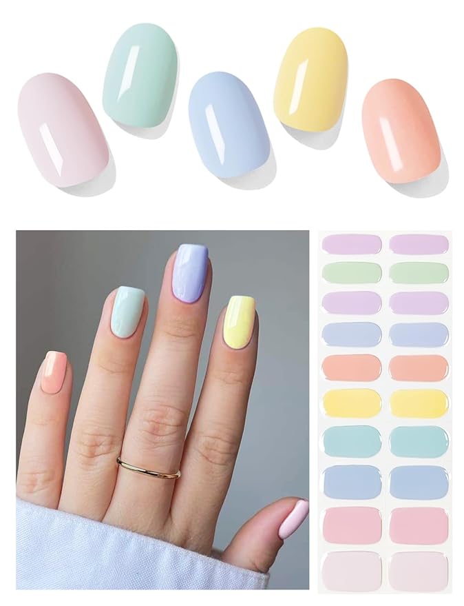 Semi Cured Gel Nail Strips (Colorful Sunshine), Macaroon, 20 Pcs Gel Nail Wraps, Stickers, UV Light Required, Salon Quality, Long Lasting