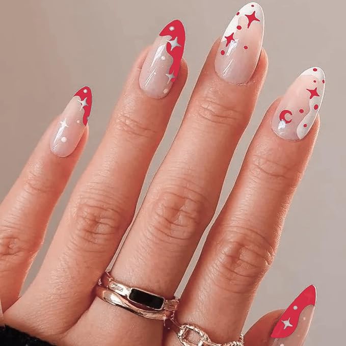 GLAMERMAID Hot Pink French Tip Press on Nails Medium Almond, Nude Jelly Gel Gothic Stiletto False Glue on Nails with Star Desgin for Women, Reusable Short Oval Stick on Acrylic Fake Nail Manicure Set