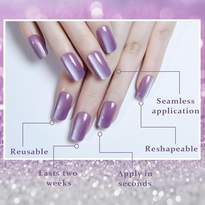 Cat Eye Lavender Purple Press On Nails Medium Long Length Square, Designer Reusable Acrylic Fake Nail, Glossy Gel Nails Wedding Party, Stick On Glue On Nail, Nails Press Ons for Women
