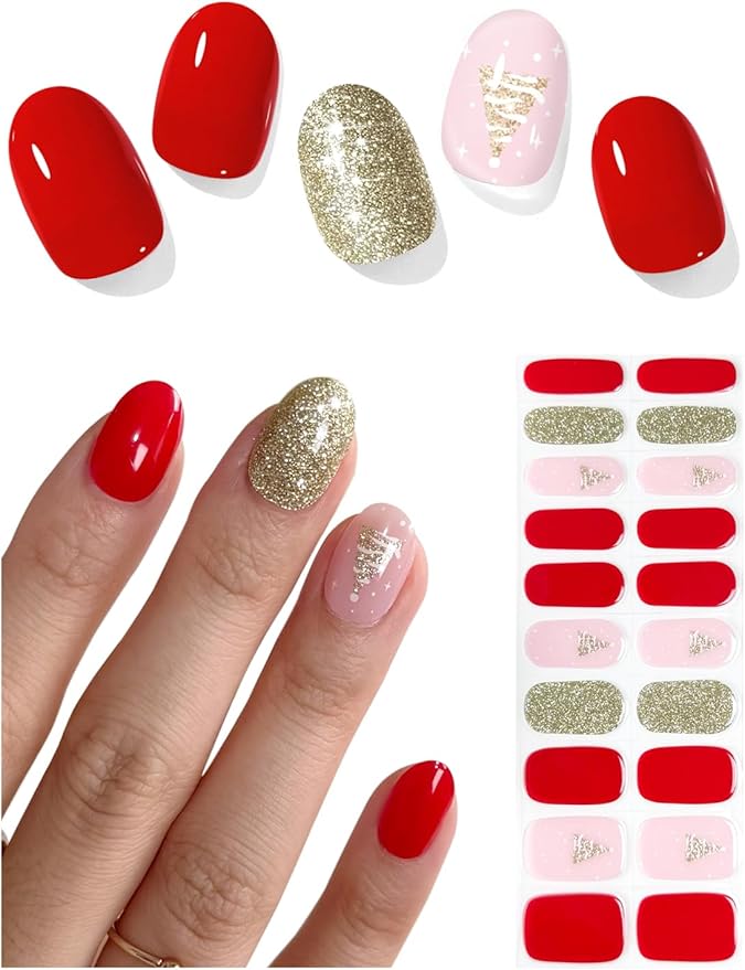 Semi Cured Gel Nail Strips (Cozy Red), Christmas Tree, 20 Pcs Gel Nail Wraps, Stickers, Salon Quality, Long Lasting, Works with Any UV Lamps