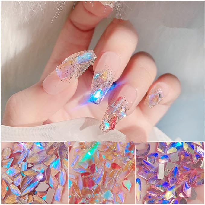 600 Pcs Flatback Rhinestones Set Aurora Crystals for Nails Gems for Crafts Mixed Shape Colored Nail Rhinestones Nail Stones 3D Nail Charms for Nail Designs (Colorful)