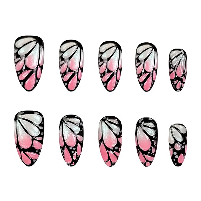 Press on Nails Medium Almond MABKJLF Fake Nails Unique False Nails with Black Butterfly Polka Dots Designs Full Cover Glossy Glue on Nail Acrylic Nails for Women Girls 24Pcs