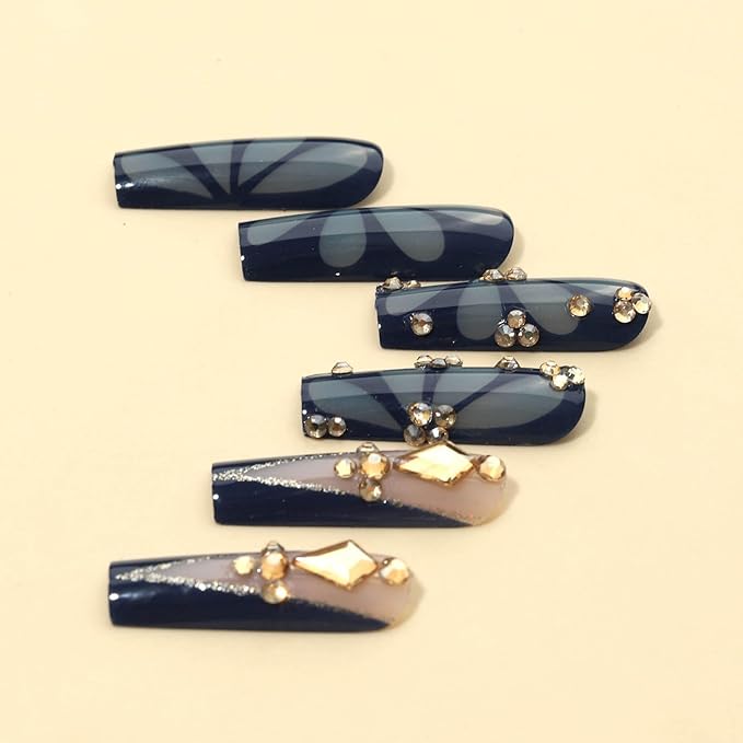 Long Press on Nails Square Dark Blue Press on Nails Long Nails Press Ons with Butterfly and Rhinestone Design Acrylic False Nails for Women and Girls 24pcs (Dark Blue)