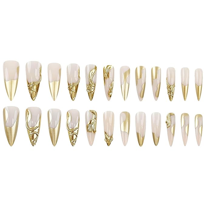 RTKHFZE Long Stiletto Press on Nails Light Taupe Color, 3D Gold Coat Full Cover Claw Nails for Women and Girls