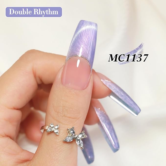 Double Rhythm 15ML Ice Glass Cat Eye Gel Polish with Magnet Holographic Glitter Shimmer Translucent Sheer Color Salon Soak Off Magnetic Nail at Home (Blue Purple-MC1137)