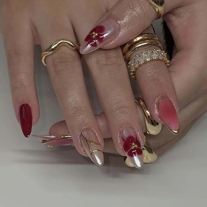 Burgundy and Gold Press on Nails Almond Fake Nails Fall False Nail Press ons with Red Flower,Gold Metallic Design Reusable Artificial Nail Glossy Full Cover Stick on Nails for Women Manicure 24 Pcs