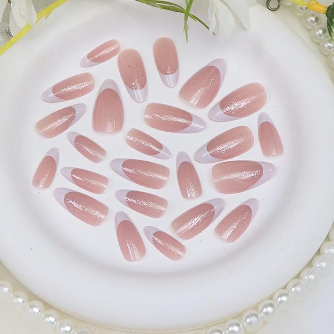 Almond Press on Nails Medium Fake Nails with Glitter Designs White French Tip Nails Press ons Winter Acrylic Nails for Women 24 Pcs