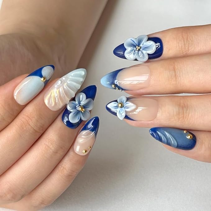 Press On Nails - Luxury Medium Almond 3D False Nails Women Reusable ABS Material Finger Printed Nail Tip French Salon Design Artificial Fingernail (Size M)