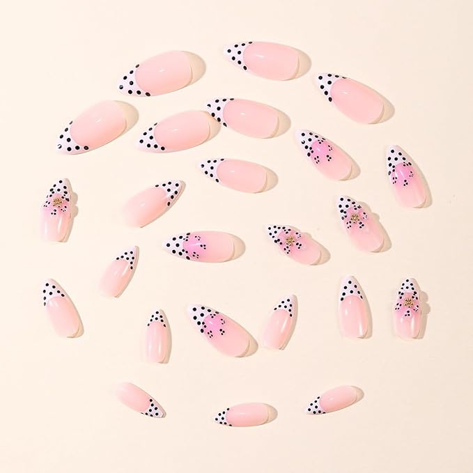 24Pcs Polka Dot French Tip Press on Nails Medium Almond Fake Nails 3D Pink Flower Glue on Nails with Gold Beads Designs Spring False Nails Nude Pink Full Cover Glossy Cute Acrylic Nails for Women