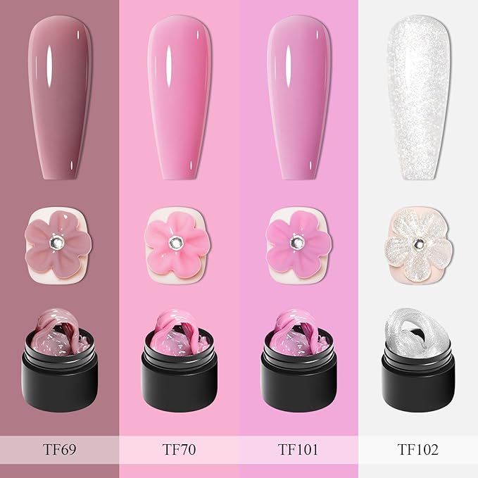 MEET ACROSS 9Pcs 3D Builder Gel Kit for Nail Art Dirty Pink Sliver Non Sticky Hand Carving Extension Solid Builder Gel for Nails with Silicone Pen Manicure Kit 4 Colors