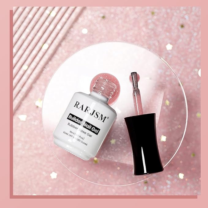 RARJSM Glitter Rubber Base Gel Nail Polish Nude Berry Pink Rubber Base Rainbow Iridescent Shimmer Brush on Quick Extend Builder Hard Gel Soak Off Curing Requires 15ml Salon Home French Manicure