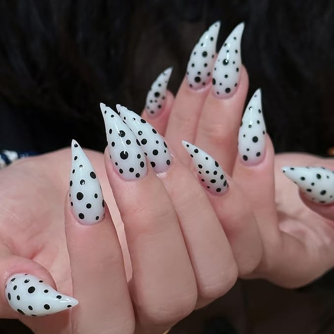10 Pcs Thick Press on Nails White Stiletto Handmade Fake Nails with Polka Dot Design Medium Curved Eagle Claw False Nails Luxury Muti-Layer Gel Nail Halloween Cat Claw Stick on Nail for Women (S)