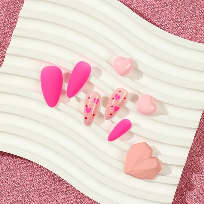 Press on Nails Almond - Medium Fake Nails with Heart Design - Pink, Matte Full Cove Stick on False Nails for Women 24 Pcs