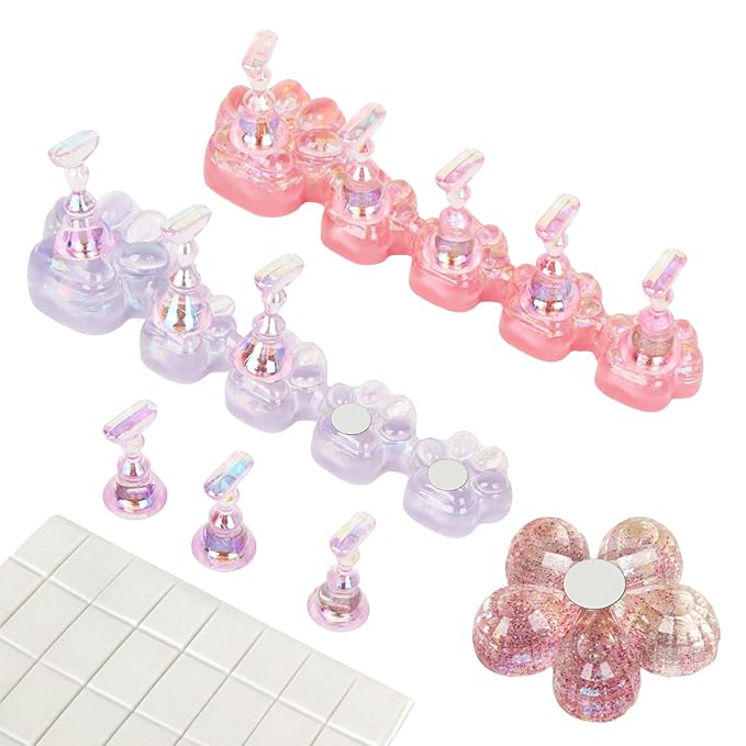 SAVILAND Nail Stand for Press Ons :10 Pcs Strong Adhesive Cat Claw-Shaped Nail Holder for Painting Nails Super Magnet Nail Stand & 1 Pcs Flower-Shaped with 40 Pcs Reusable Putty for Nail Practice Salon