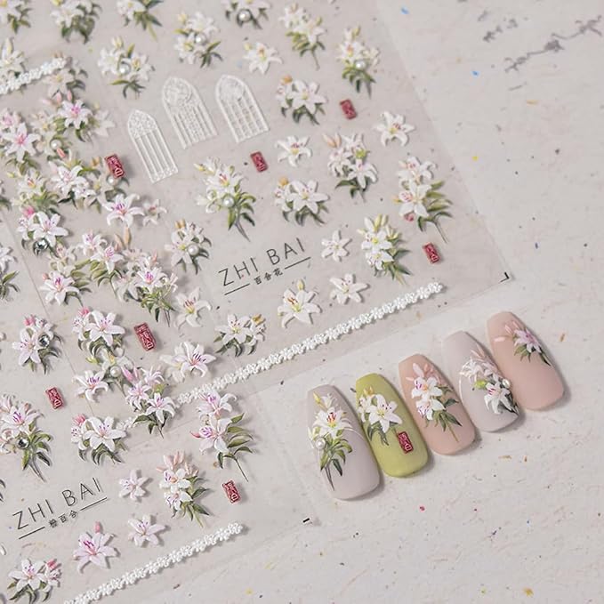 5D Embossed Spring Floral Nail Art Stickers, Lily Design with Elegant Effect for Valentine's Day
