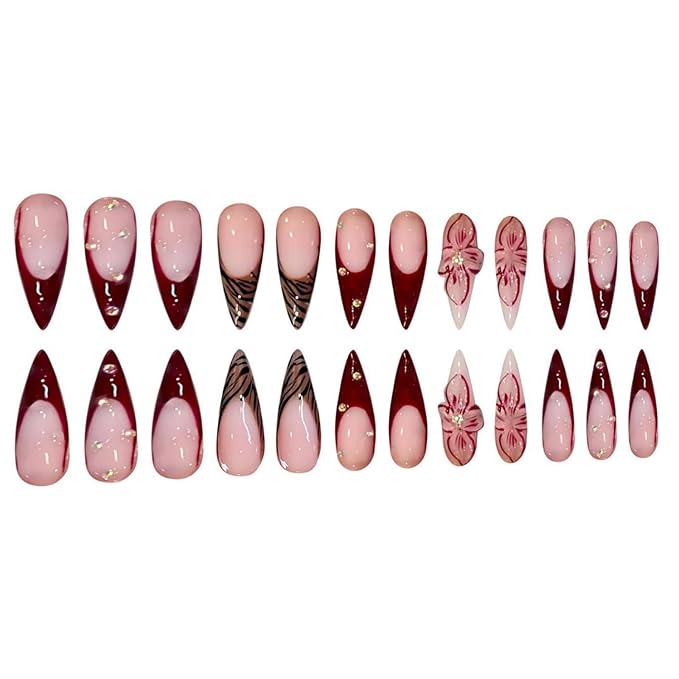 Long Press on Nails Stiletto Fake Nails French False Nails Brown Artificial Nails with Pink Flowers Designs Leopard Handmade Nails 3D Floral Stick on Nails for Women 24pcs