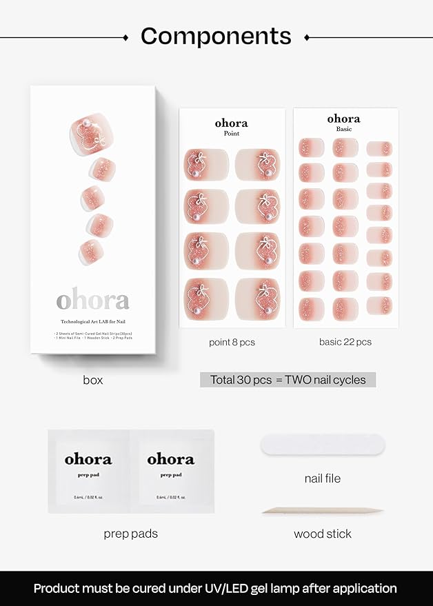 ohora Semi Cured Gel Pedi Strips (P Heart Link) - Works with Any Nail Lamps, Salon-Quality, Long Lasting, Easy to Apply & Remove - Includes 2 Prep Pads, Nail File & Wooden Stick