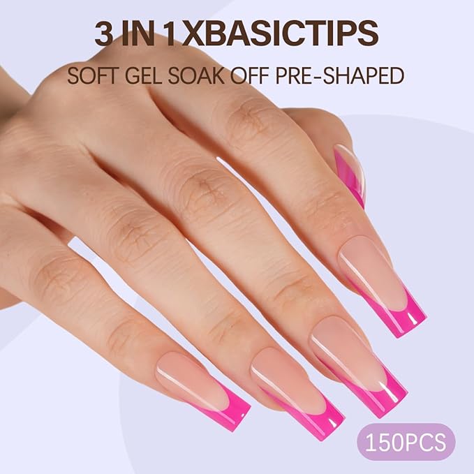 Misssix XBASICTIPS French Tip Press On Nails, 150Pcs Purple French Gel Nail Tips Long Square, Soft Gel Pre-shaped No Need to File 3 in 1 Tips, Fake Nails for Nail Art DIY Extension Designs 15 Sizes