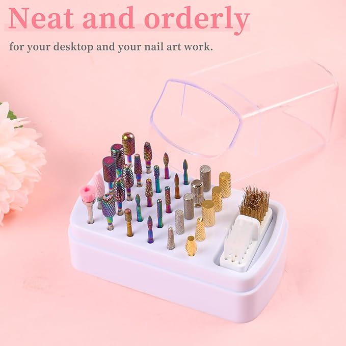 2 in 1 Nail Drill Bits Holder & Cleaner, 30 Holes, Dustproof Storage Box, Includes 3 Cleaning Brushes, White, Acrylic Plastic, Cosmetic Nail Set, Kit