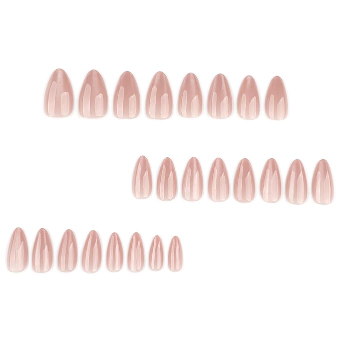 Nude Press on Nails Short Almond Fake Nails Cute Cat Eye False Nails Press ons with Design Chrome for Women Manicure,Glossy Finish | Reusable | Nail Kit with Jelly Adhesive Tabs | 24 Pcs