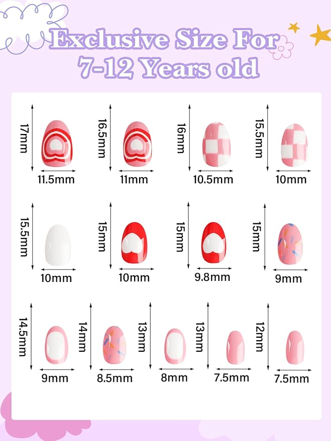 26 Pieces Press on Nails for Kids, EBANKU Kid Fake Nail Kit Pink Heart Press on Nail Short Artificial False Nail Kits for Kids Girls