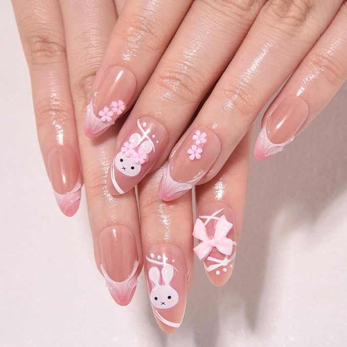 Pink Cute Bunny Teens Press On Nails Medium Almond Fake Nails for Girls With 3D Flower Bow Tie. French Tip Acrylic False Nails. Salon Quality Reusable Nails for Women Gift. 15Size - 30Pcs
