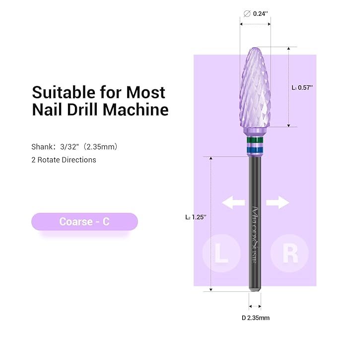 MelodySusie Ceramic Nail Drill Bit, 3/32'' (2.35mm) Professional Acrylic Nail File Flame Drill Bit for Manicure Pedicure Cuticle Gel Nail Polishing, Beginners Bits, Purple, Series Bit-S, Coarse