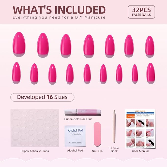Rose Red Press on Nails with Chrome Fake Nails Designs Thickened Acrylic Nails Short Almond Glue on Nails Solid Color False Nails Full Cover Stick on Nails for Women Girls Manicure Art 32 Pcs