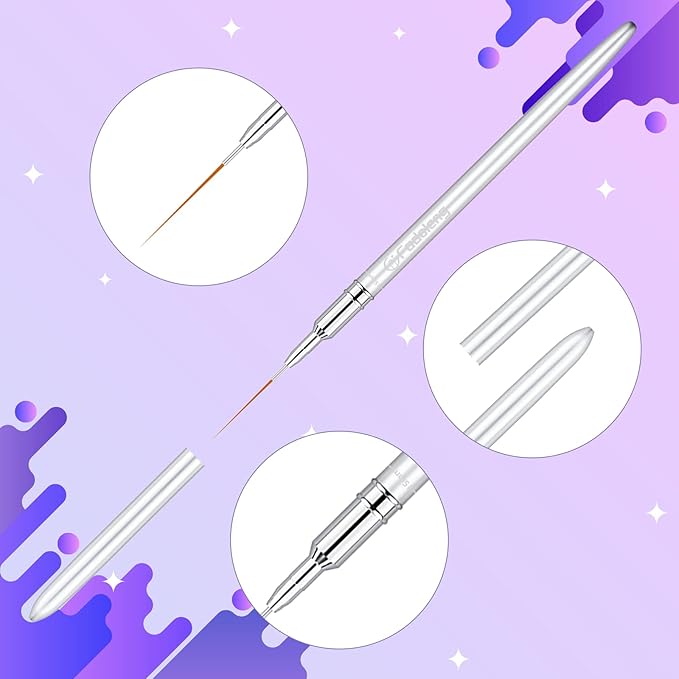 Liner Brush for Nails, 6Pcs Thin Nail Art Brushes Professional Nail Detail Brush for Gel Polish Sizes 5/7/9/11/15/25mm (Silver)