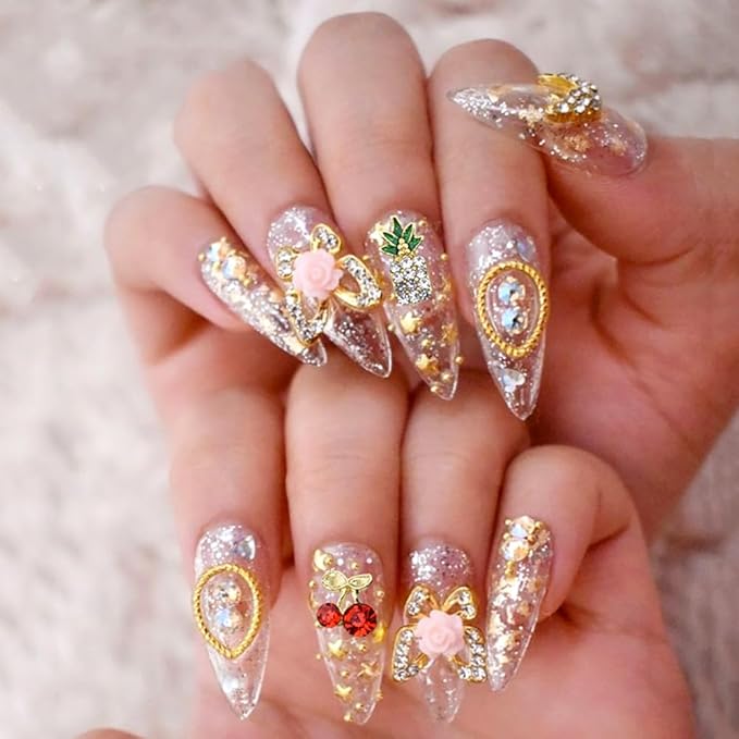 120PCS Y2k Nail Charms and Gems - Gold Red Nail Jewelry Cherry, Pink Heart Flower Butterfly Shiny Nail Rhinestone Pineapple,Nail Falls Charms Green Leaf for DIY Nail Art Design,Acrylic Nails Supplies