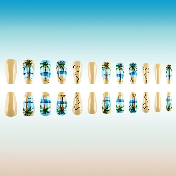 Medium Press on Nails Coffin Fake Nails with Designs Coconut Tree Glue on Nails Blue Seaside Acrylic Nails Summer Beach Artificial Nails Glossy Full Cover Stick on Nails for Women Girls