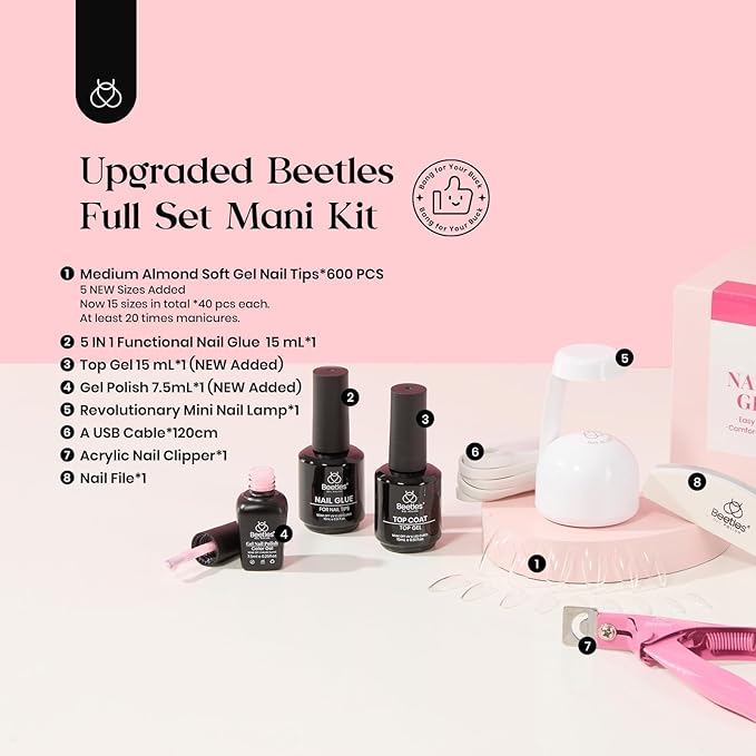 Beetles Gel Nail Kit Clear, Almond Medium, 600pcs 15 Sizes, with Pink Color Gel Top Coat 9 in 1 Glue Mini Nail Lamp, Fall Nails, Full Cover Easy Nail Extension Set for Home DIY Salon Gift for Women
