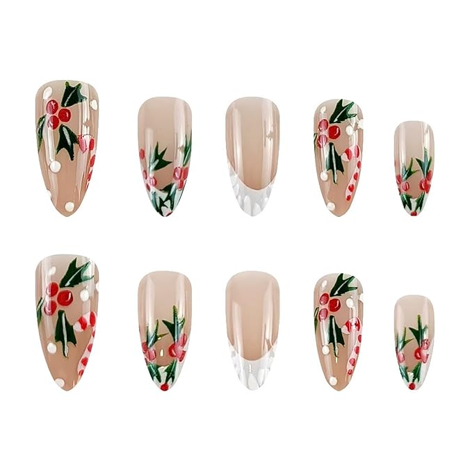 Christmas Press on Nails Medium Almond Fake Nails with Christmas Holly Candy Cane Designs White French Tip Xmas False Nail Winter Stick on Nail for Women 24 Pcs