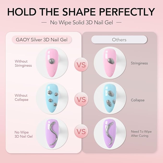 GAOY Silver 3D Nail Gel, 15g Sculpting Gel for 3D Nail Art Designs Carving, Molding, Painting, No Wipe Gel for Gems & Charms Decoration, Salon DIY Use