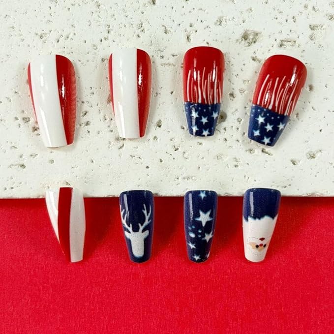 Independence Day Press on Nails Medium Coffin Fake Nails with Red White Striped Design Blue Santa Claus False Nails Elk Glue on Nail Glossy Summer 4th of July Christmas Nail for Women Manicure 24Pcs