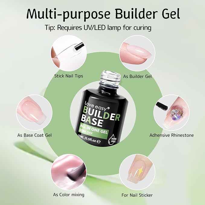 6-in-1 Builder Gel for Nails, Brush on Crystal Clear Base Coat Soft Gel Polish Strengthening Building Apex Extension Thickening Enhancement for Home DIY Beginner Salon Manicure(U V Curing)
