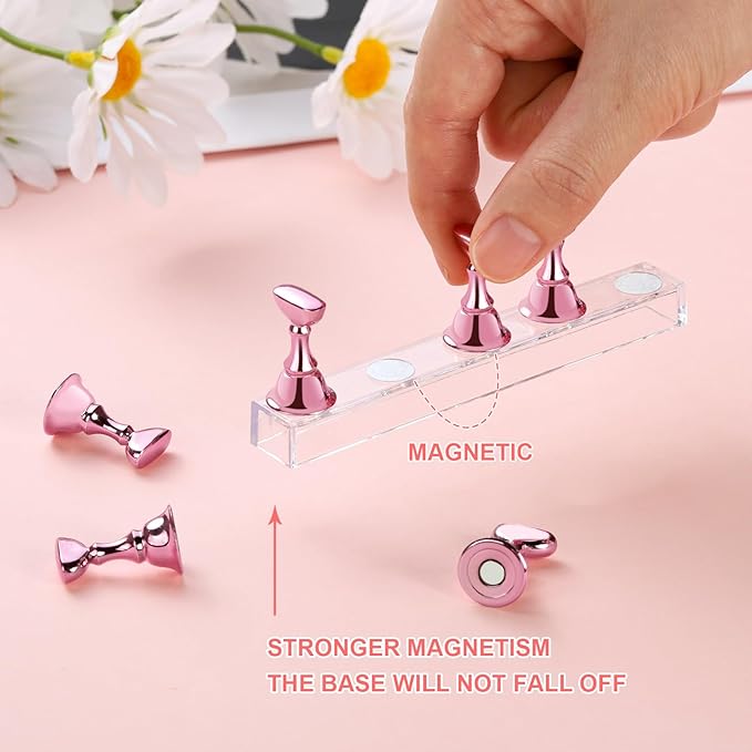 Etercycle Nail Stand Press On Nail Stand Nail Holder for Painting Nails Magnetic Nail Tips Practice Stands with 80Pcs Reusable Putty (Pink)