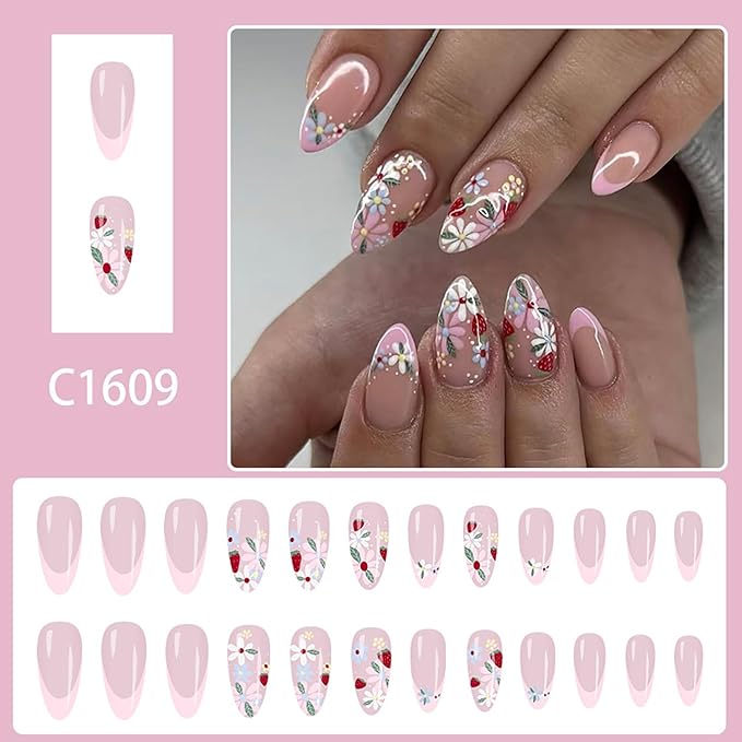 Flowers Press on Nails Medium Almond Fake Nails with Multicolor Floral Strawberry Designs Pink French Tip False Nail Glossy Full Cover Spring Summer Stick on Nail for Women 24Pcs