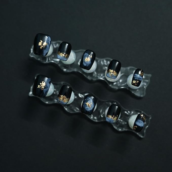 Short Coffin Press on Nails - Handmade Black Fake Nails with Blue Ombre Glitter Gold Foil Design, High Gloss Acrylic Nails for Women, Party, Daily Wear (Playful Doodle,L)
