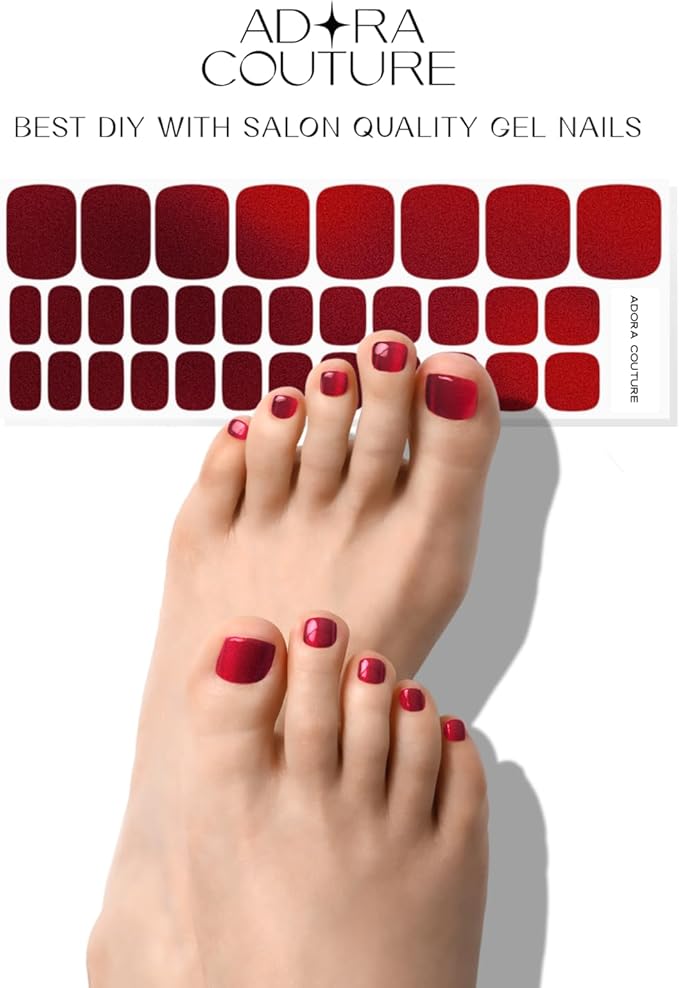 Semi Cured Gel Nail Strips – 32 Pcs Gel Pedicure Stickers - UV Nail Wraps for Toenails, Easy Application, Long Lasting, Salon Quality & UV Light Required - Red Wine P