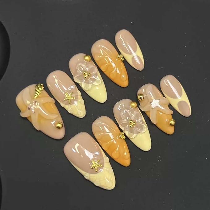 10Pcs Handmade Almond Press On Nails Medium Fake Nails 3D Starfish With Flower Design French Tip False Nails Glossy Summer Acrylic Nail Floral Artificial Stick On Nail For Women(SIZE:S)